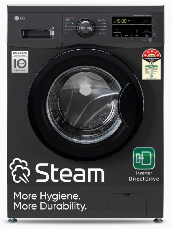 Washing Machine: LG 7 Kg 5 Star Inverter Touch panel Fully-Automatic Front Load Washing Machine with In-Built Heater (FHM1207SDM, Middle Black, Steam for Hygiene Wash)